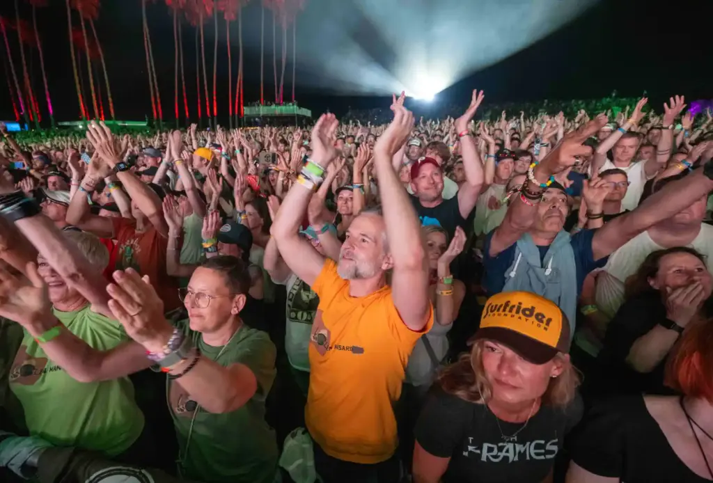 Fans sing and dance along as Pearl Jam performs a...