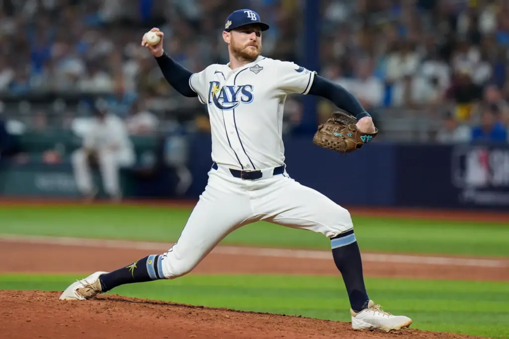 Tampa Bay Rays relief pitcher Bryan Baker throws to the...