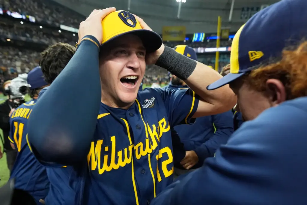 Milwaukee Brewers shortstop Cooper Pratt celebrates after winning baseball’s World...