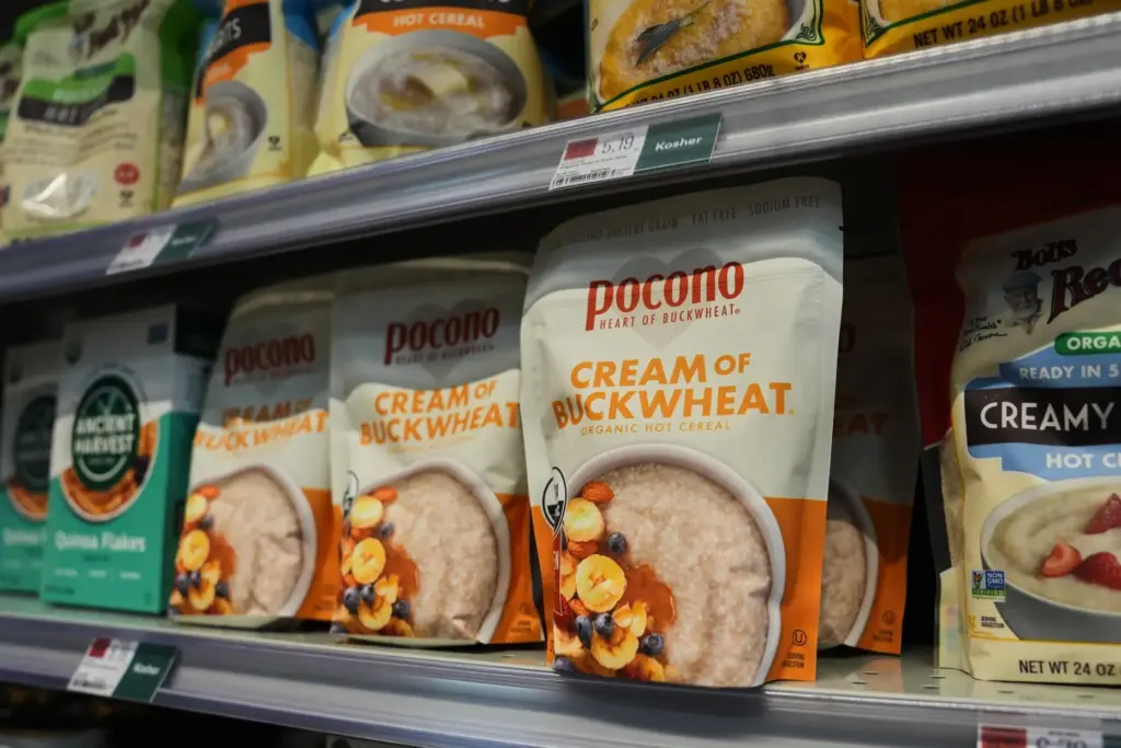 A buckwheat cereal sits on a shelf for sale.
