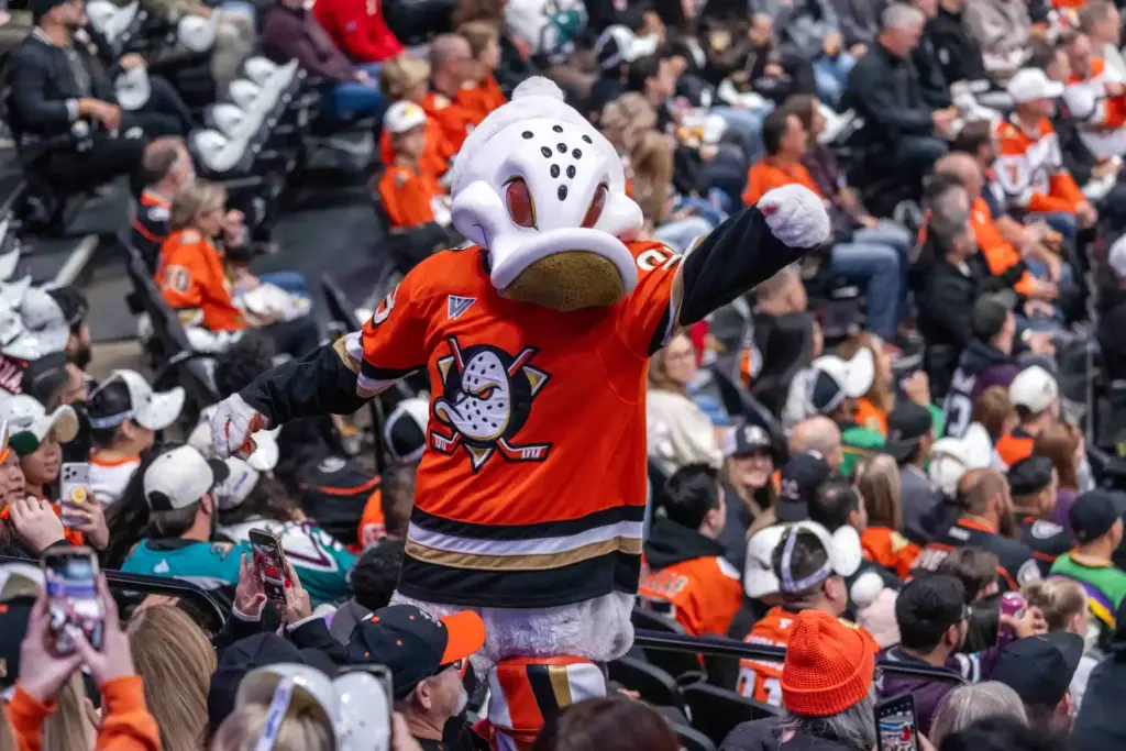 Ducks mascot Wild Wing greets fans in the stands during...