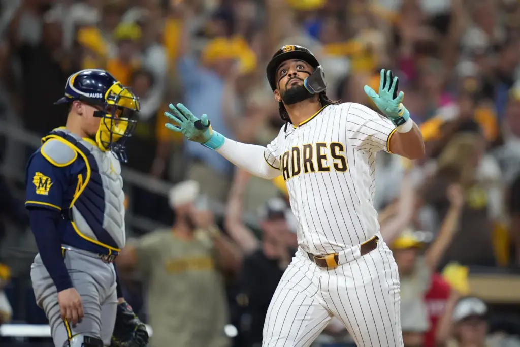 San Diego Padres star Fernando Tatis Jr. celebrates after hitting...