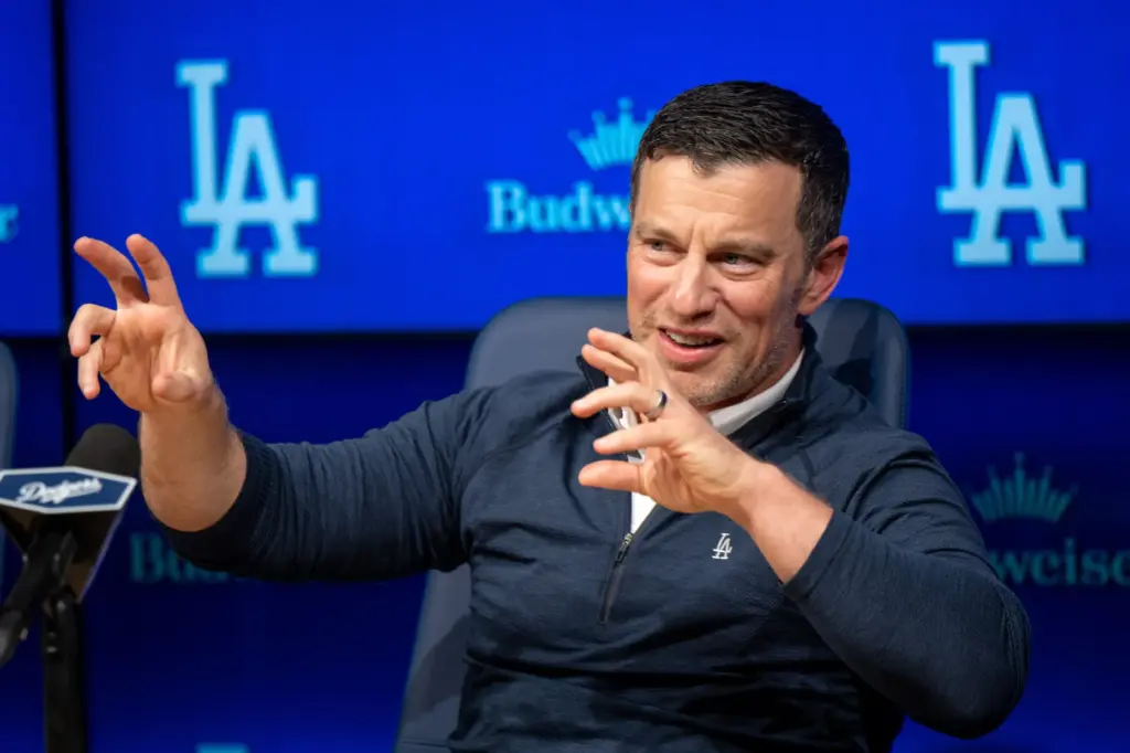 Dodgers president of baseball operations Andrew Friedman speaks to the...
