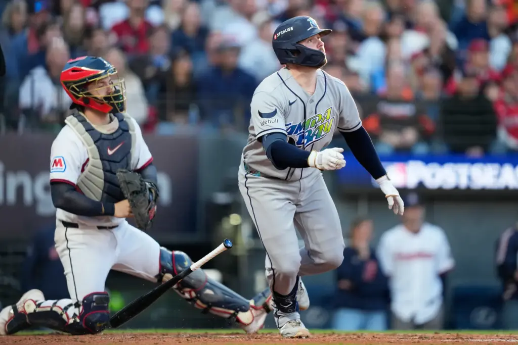 Tampa Bay Rays’ Liam Hicks watches his RBI-single against the...