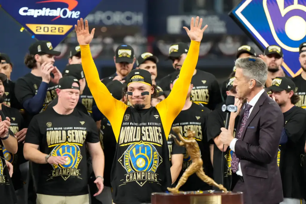 Milwaukee Brewers catcher William Contreras win the MVP trophy after...