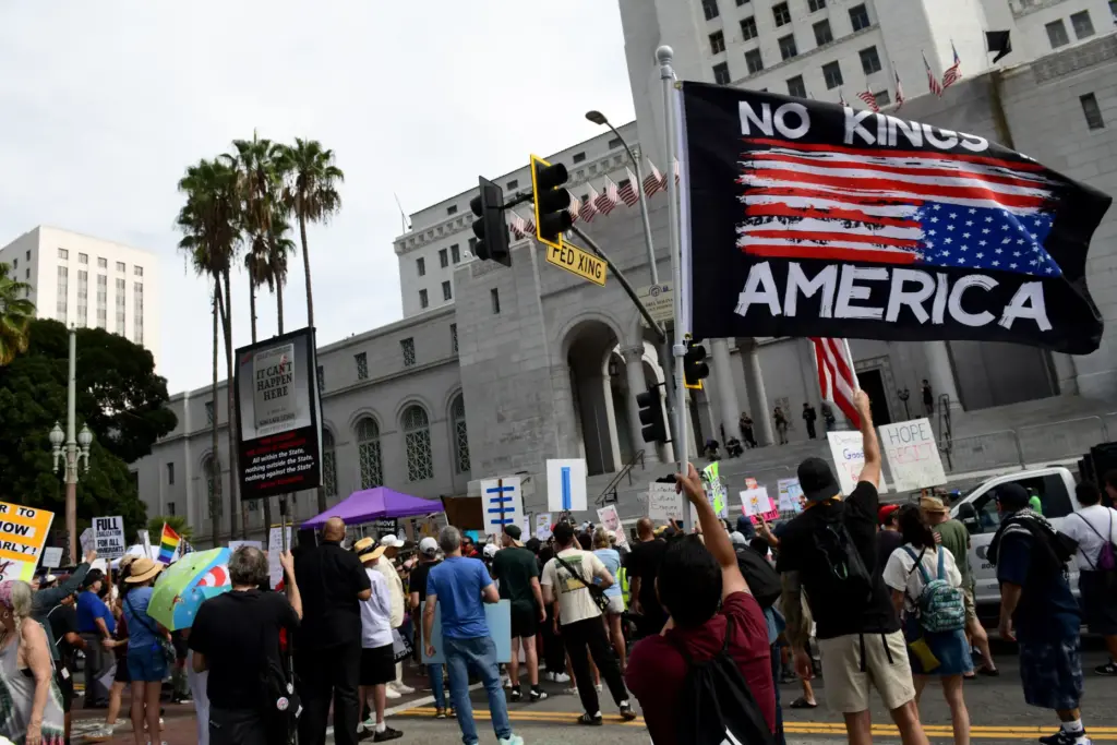 No Kings protesters rally and march in downtown Los Angeles...