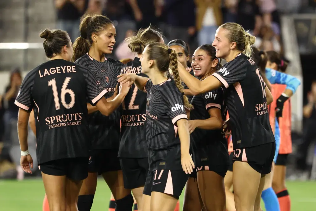 Angel City FC defender Gisele Thompson, second from right, celebrates...