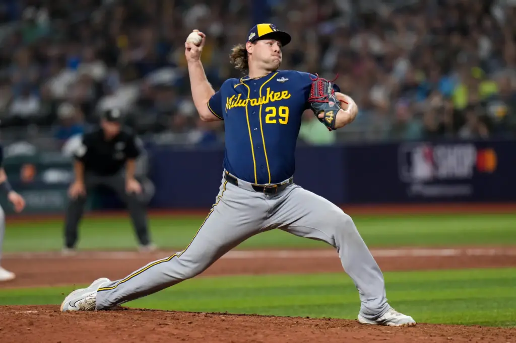 Milwaukee Brewers pitcher Trevor Megill throws during the eighth inning...