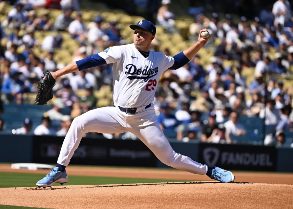 Dodgers starting pitcher Tarik Skubal throws to the plate during...
