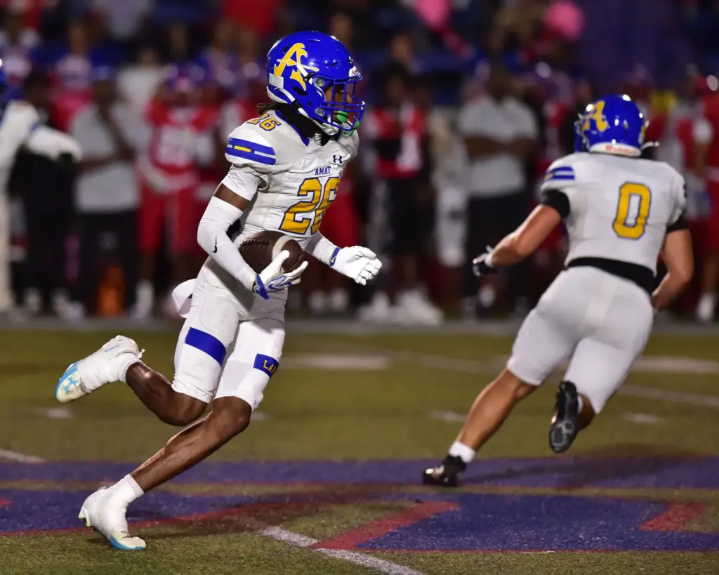 Bishop Amat DB Dallas McGowan returns an interception vs. Serra...