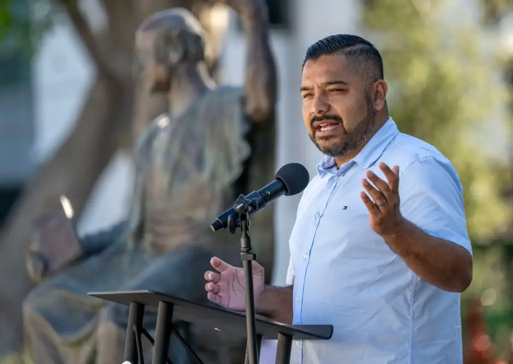 Santa Ana Mayor Pro Tem David Penaloza speaks during a...