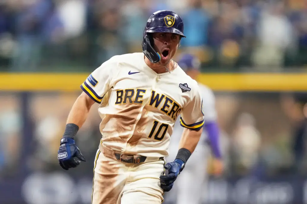 Milwaukee Brewers’ Sal Frelick celebrates his home run during the...