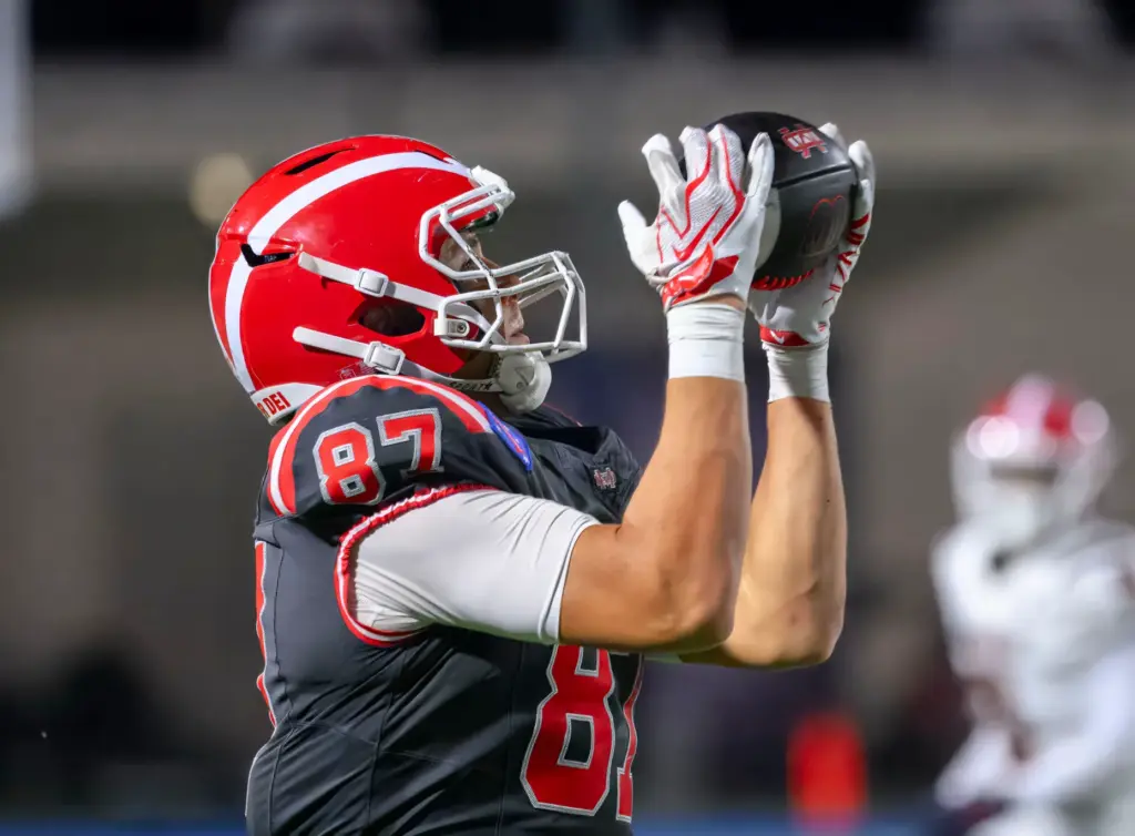 Mater Dei tight end Jacob Campizta makes the over shoulder...