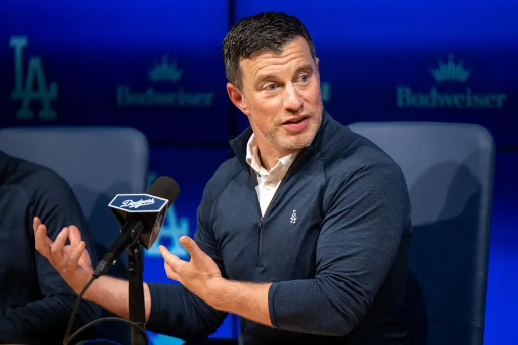 Dodgers president of baseball operations Andrew Friedman speaks to the...