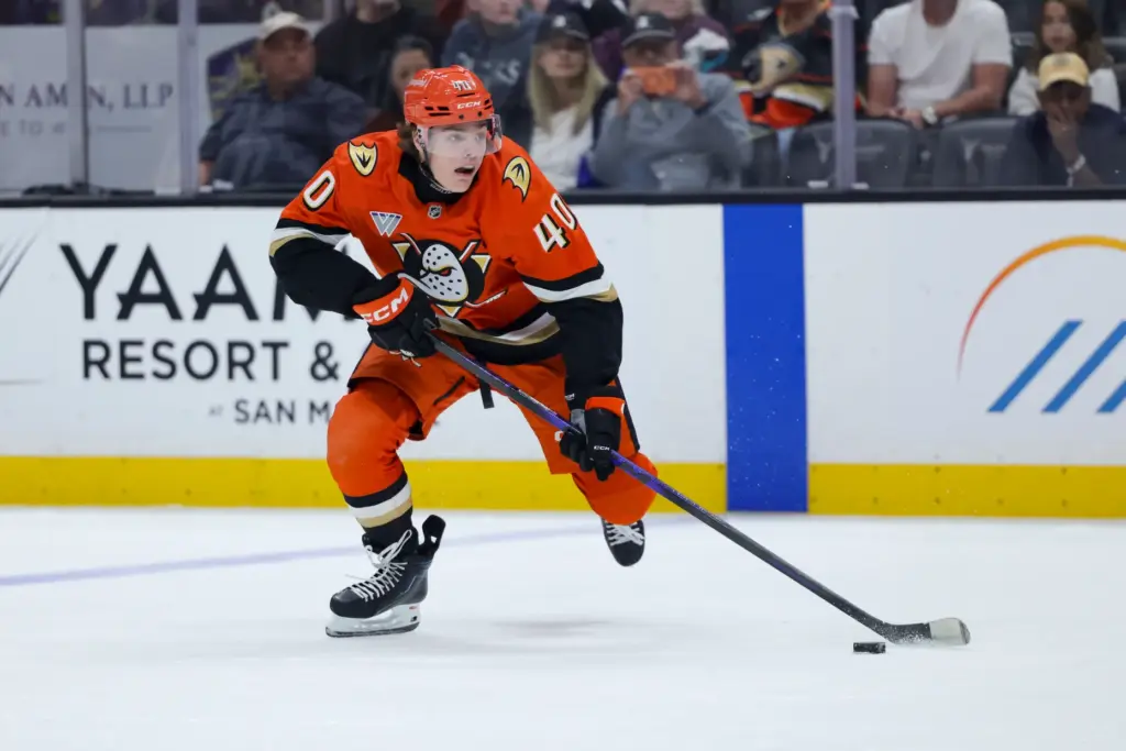 Ducks right wing Nikita Klepov controls the puck during the...