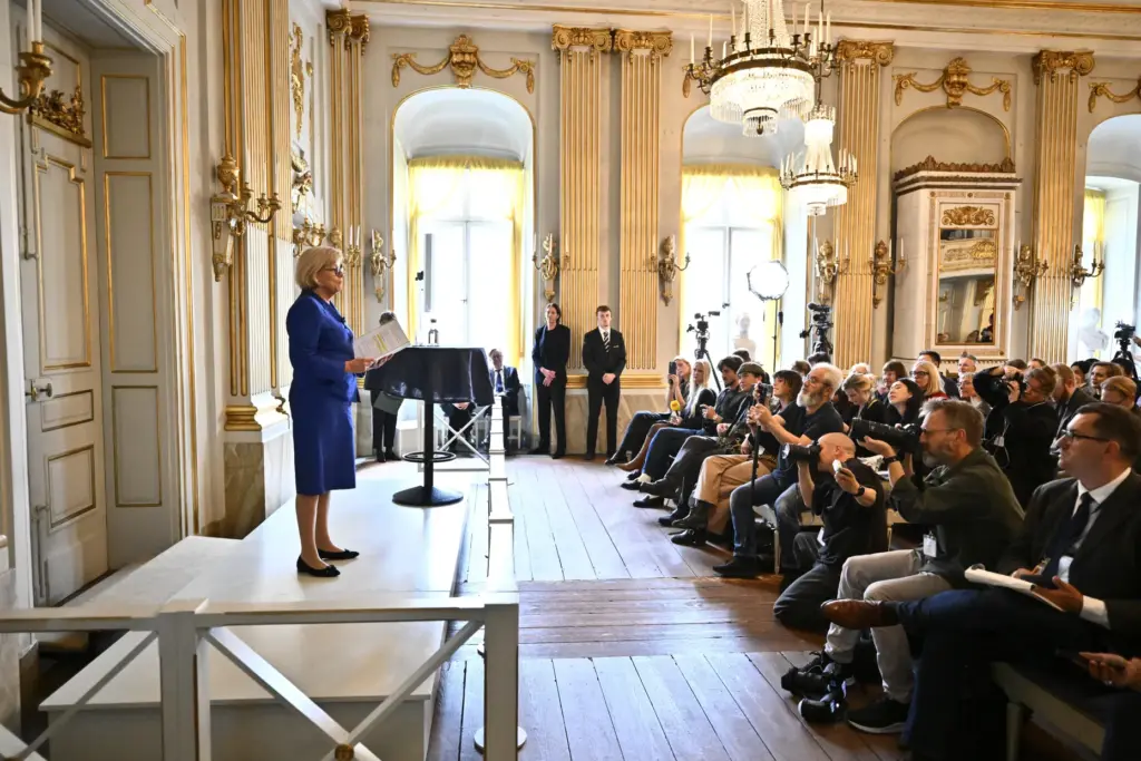 Permanent Secretary of the Swedish Academy Ingrid Carlberg announces the Nobel Prize in literature.