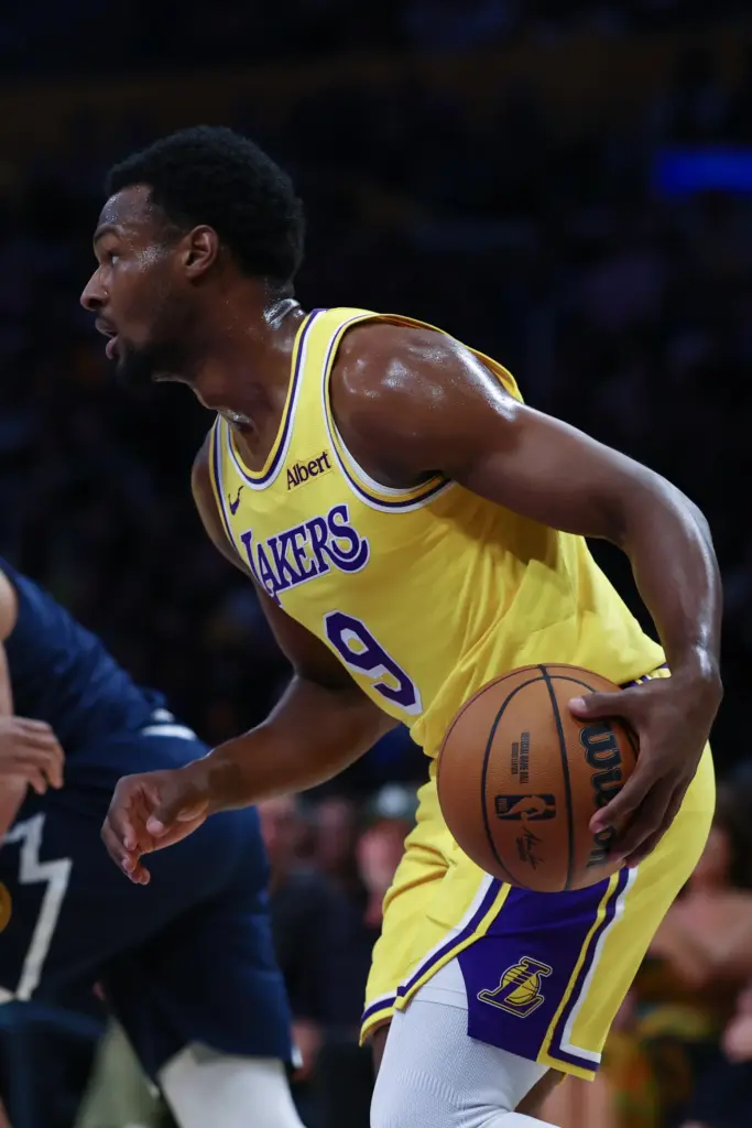 Lakers guard Bronny James handles the ball during the second...