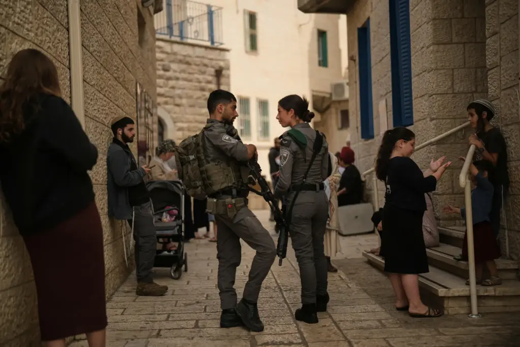 Israeli settlers and border police officers line up to vote outside a polling station.