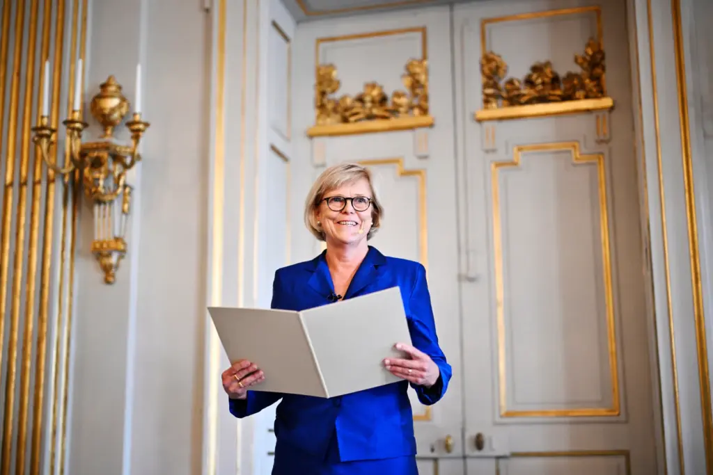 Permanent Secretary of the Swedish Academy Ingrid Carlberg announces the Nobel Prize in literature.