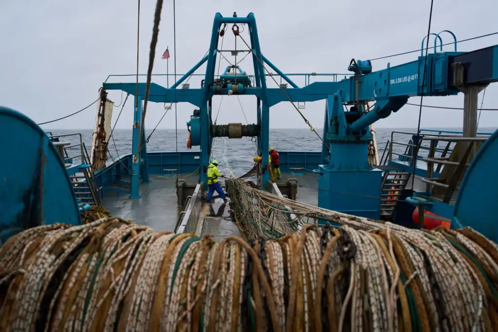 A trawl net stretches behind the F/V Progress in the...