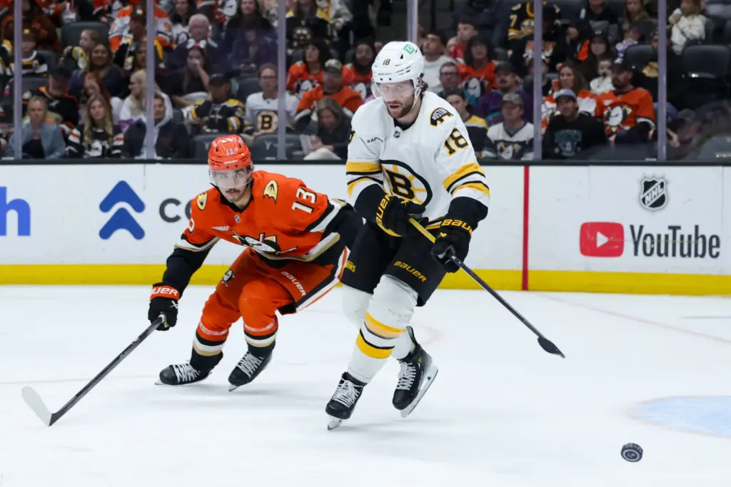Boston Bruins center Pavel Zacha, right, moves the puck as...