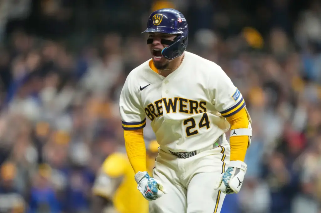 Milwaukee Brewers’ William Contreras reacts after hitting a home run...