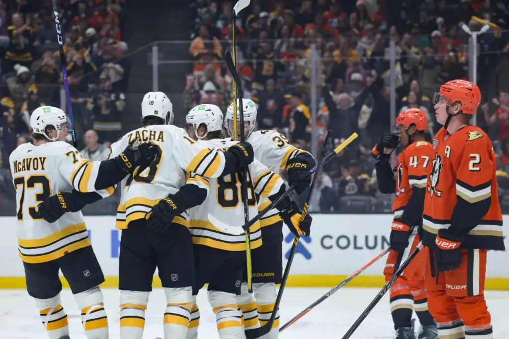 Boston Bruins right wing David Pastrnak, third from left, celebrates...