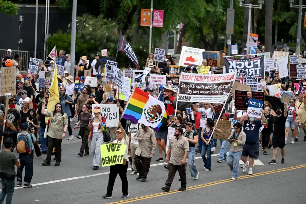 No Kings protesters rally and march in downtown Los Angeles...